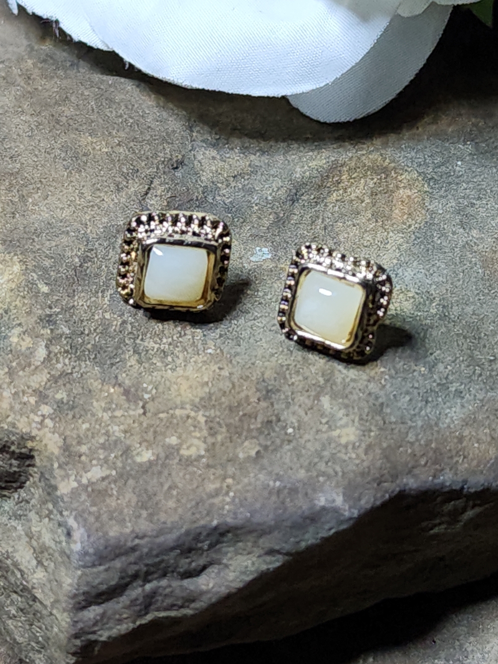 Classic Cream Diamond Shaped Faux Pearl Stud Gold Tone Earrings